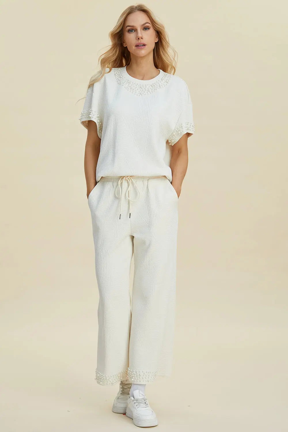 Double Take Full Size Pearl Detail Round Neck Top and Pants Set - Whispering Desires Shoppe