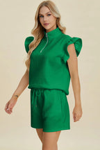 Double Take Flounce Sleeve Top & Drawstring Shorts - Whispering Desires Shoppe