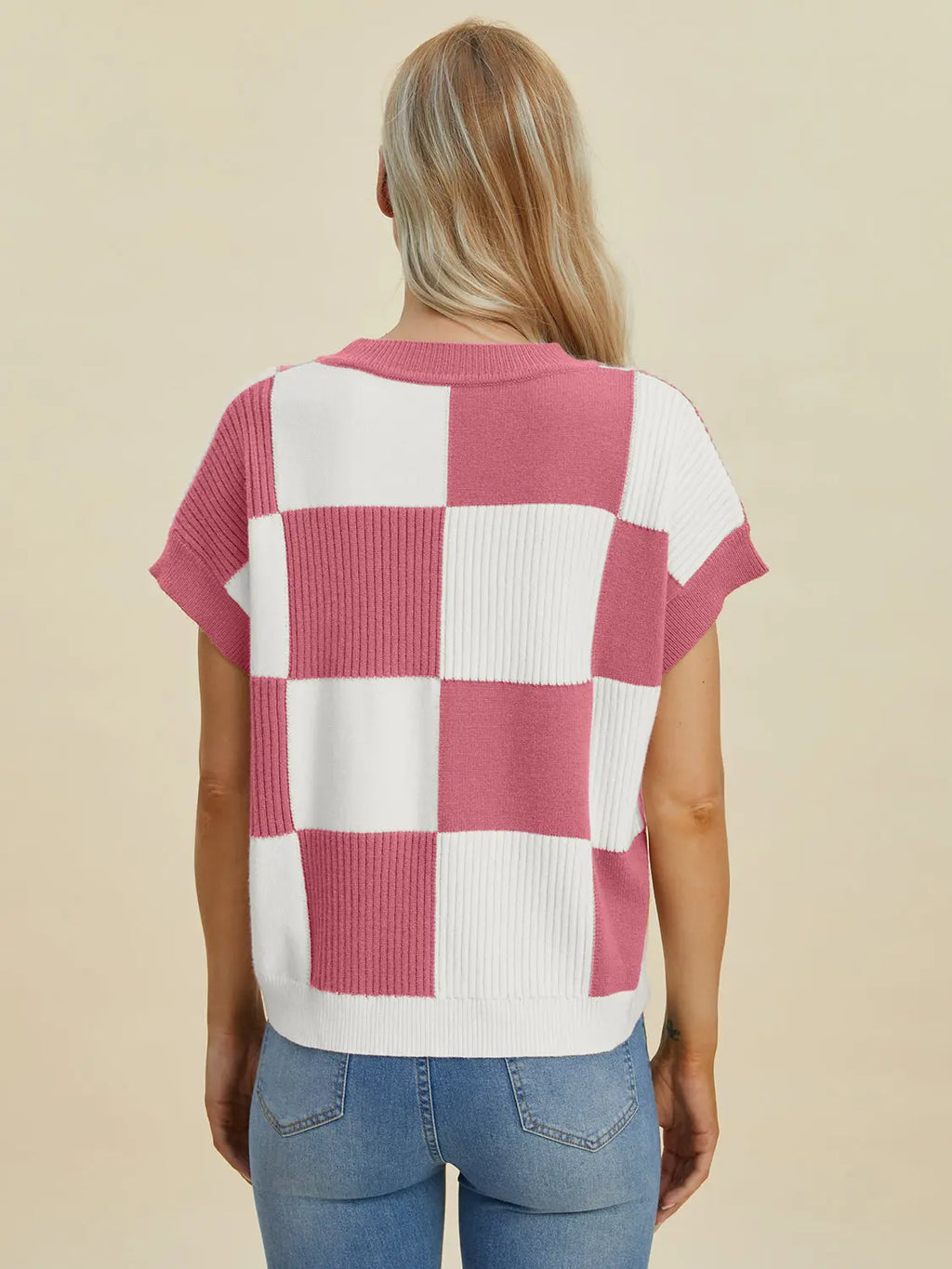 Double Take Checkered Round-Neck Short-Sleeve Sweater - Whispering Desires Shoppe