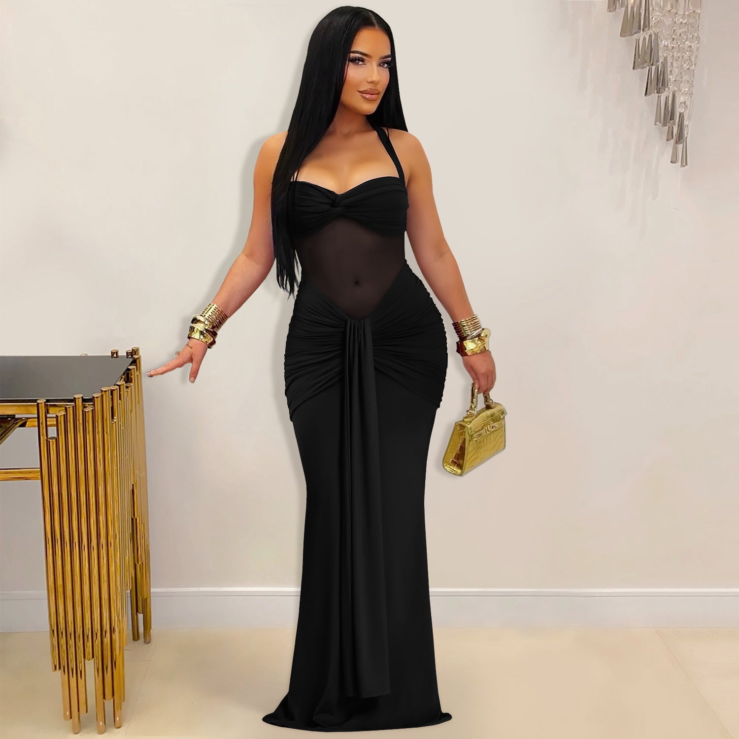 Fashion Women's Sexy Sheer Mesh Halter Tie-Back Dress - Whispering Desires Shoppe