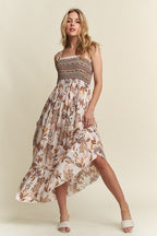ADORA Smocked Printed Square Neck Tie Shoulder Cami Dress - Whispering Desires Shoppe