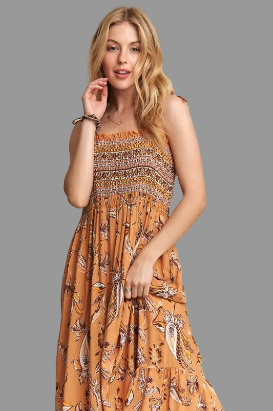 ADORA Smocked Printed Square Neck Tie Shoulder Cami Dress - Whispering Desires Shoppe