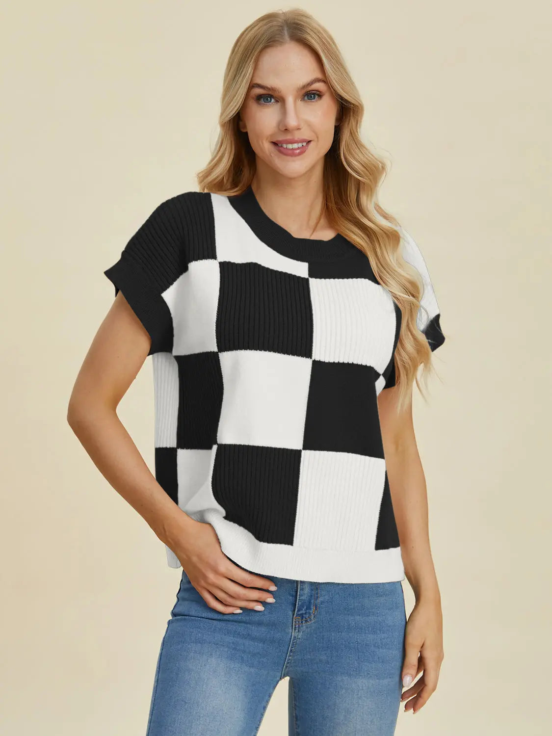 Double Take Checkered Round-Neck Short-Sleeve Sweater - Whispering Desires Shoppe