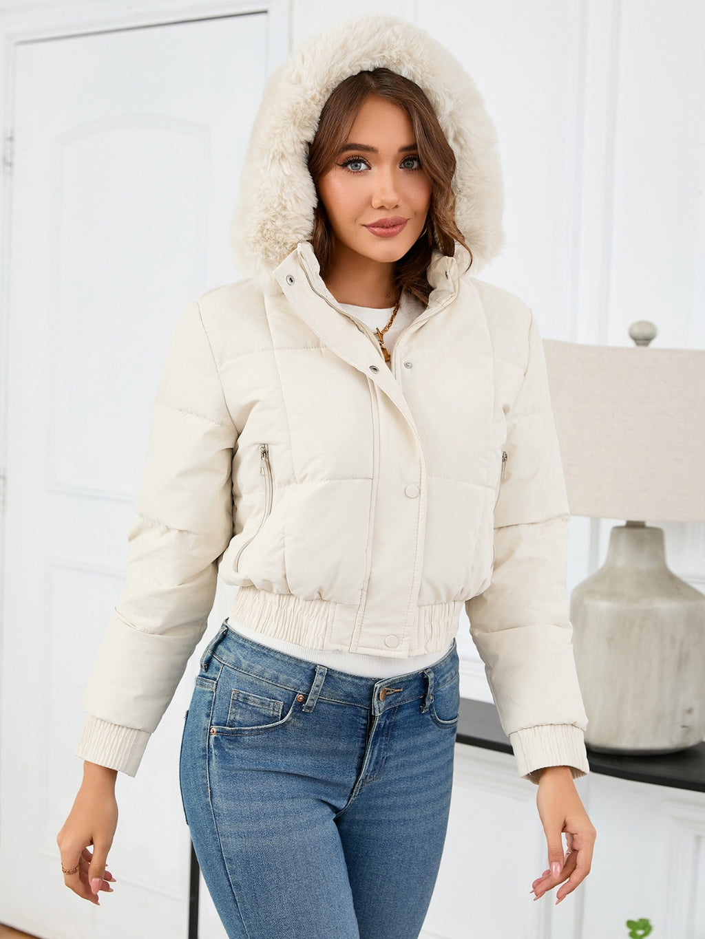 Pocketed Long Sleeve Cropped Hooded Winter Coat - Whispering Desires Shoppe