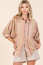 Mittoshop Striped Bubble Sleeve Button Down Shirt - Whispering Desires Shoppe