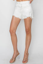 RISEN Button-Fly Frayed Hem Denim Shorts - Whispering Desires Shoppe