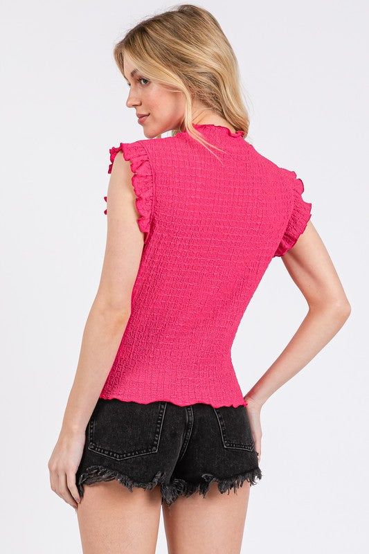 Ces Femme Texture Mock Neck Ruffle Cap Sleeve Blouse - Whispering Desires Shoppe