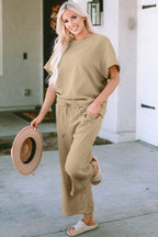 Double Take Full Size Texture Short Sleeve Top and Pants Set - Whispering Desires Shoppe