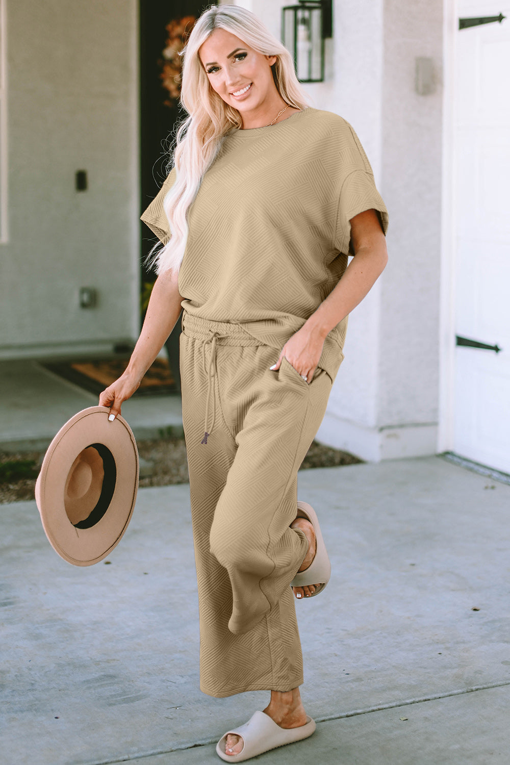 Double Take Full Size Texture Short Sleeve Top and Pants Set - Whispering Desires Shoppe