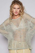 POL Side Slit Openwork Long Sleeve Knit Cover Up - Whispering Desires Shoppe