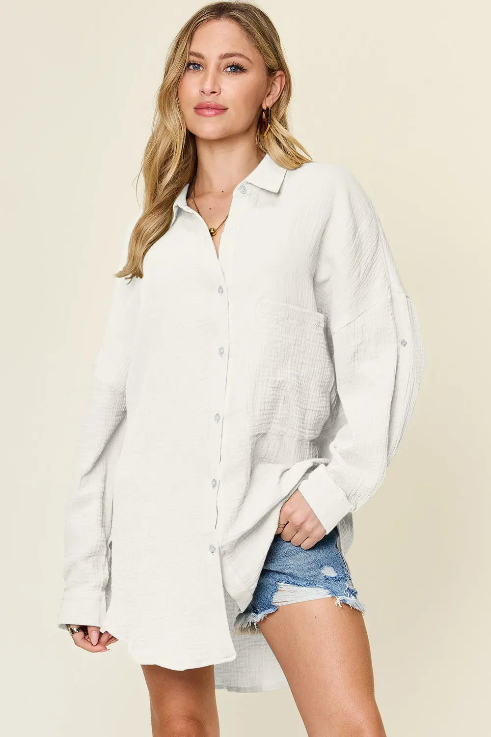 Double Take Textured Cotton Button-Up Shirt - Whispering Desires Shoppe