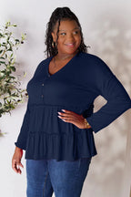 Double Take Ruffle-Hem Button Blouse - Whispering Desires Shoppe