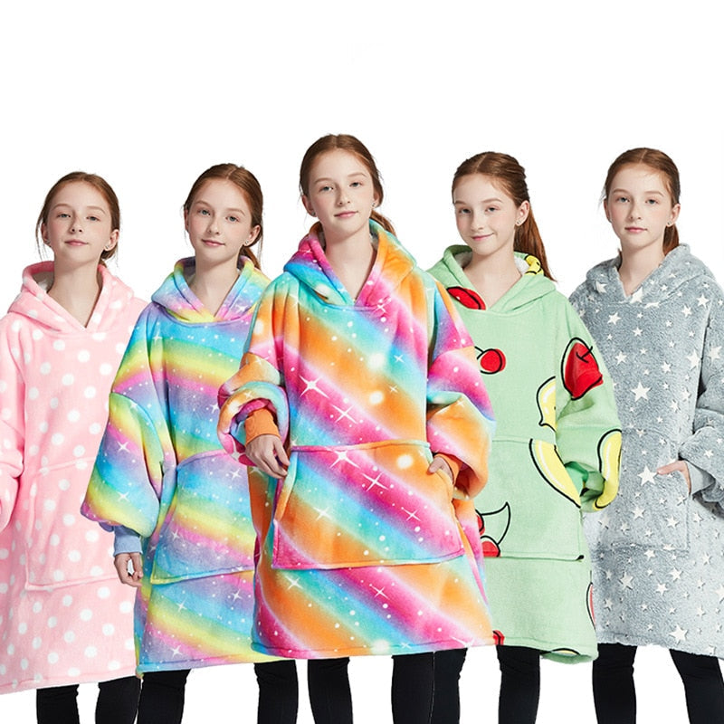 Kids Unisex Winter Warm Double Layers Sherpa Fleece TV Pocket Hoodies Blanket Hoodie Snuggle with Sleeves eprolo