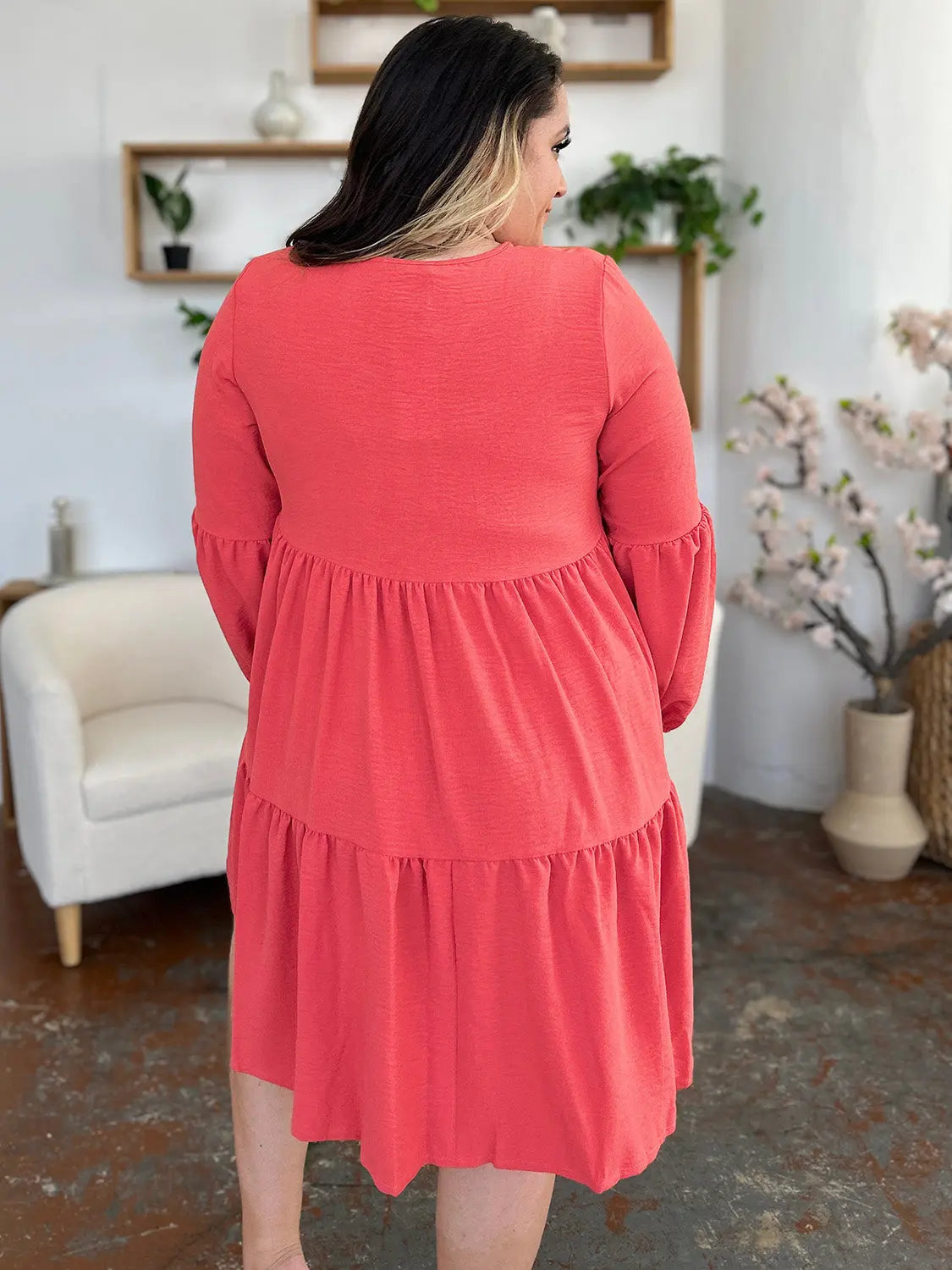 Double Take V-Neck Balloon Sleeve Tiered Dress w/ Pockets - Whispering Desires Shoppe