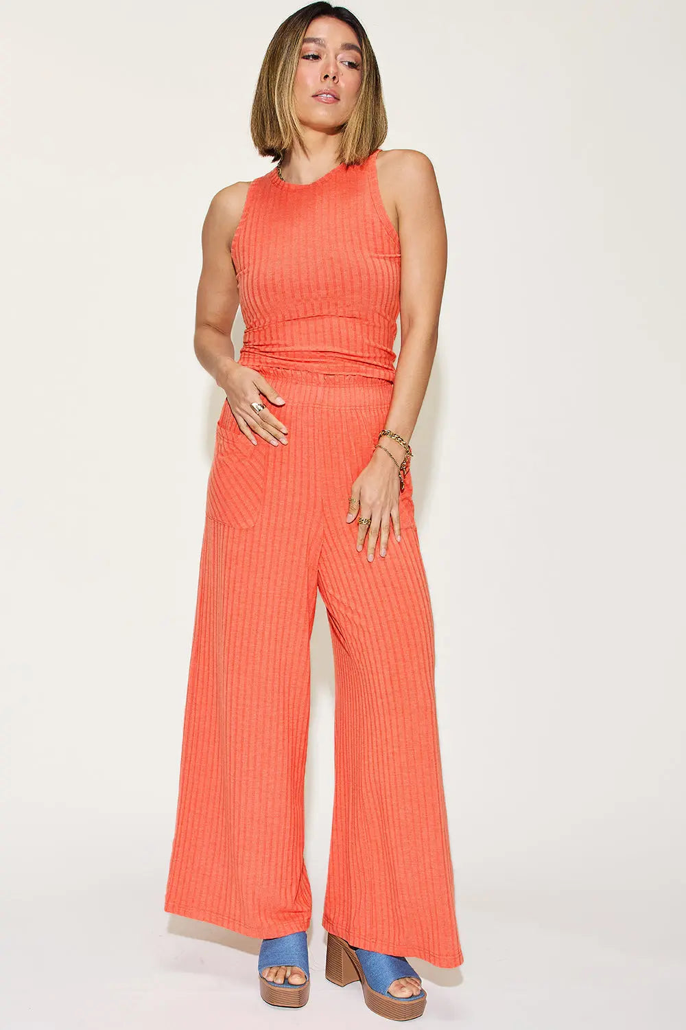 Ribbed Tank & Wide-Leg Pants Two-Piece Set - Whispering Desires Shoppe