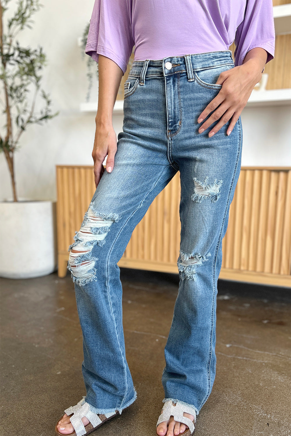 Judy Blue Distressed Raw-Hem Bootcut Jeans - Whispering Desires Shoppe
