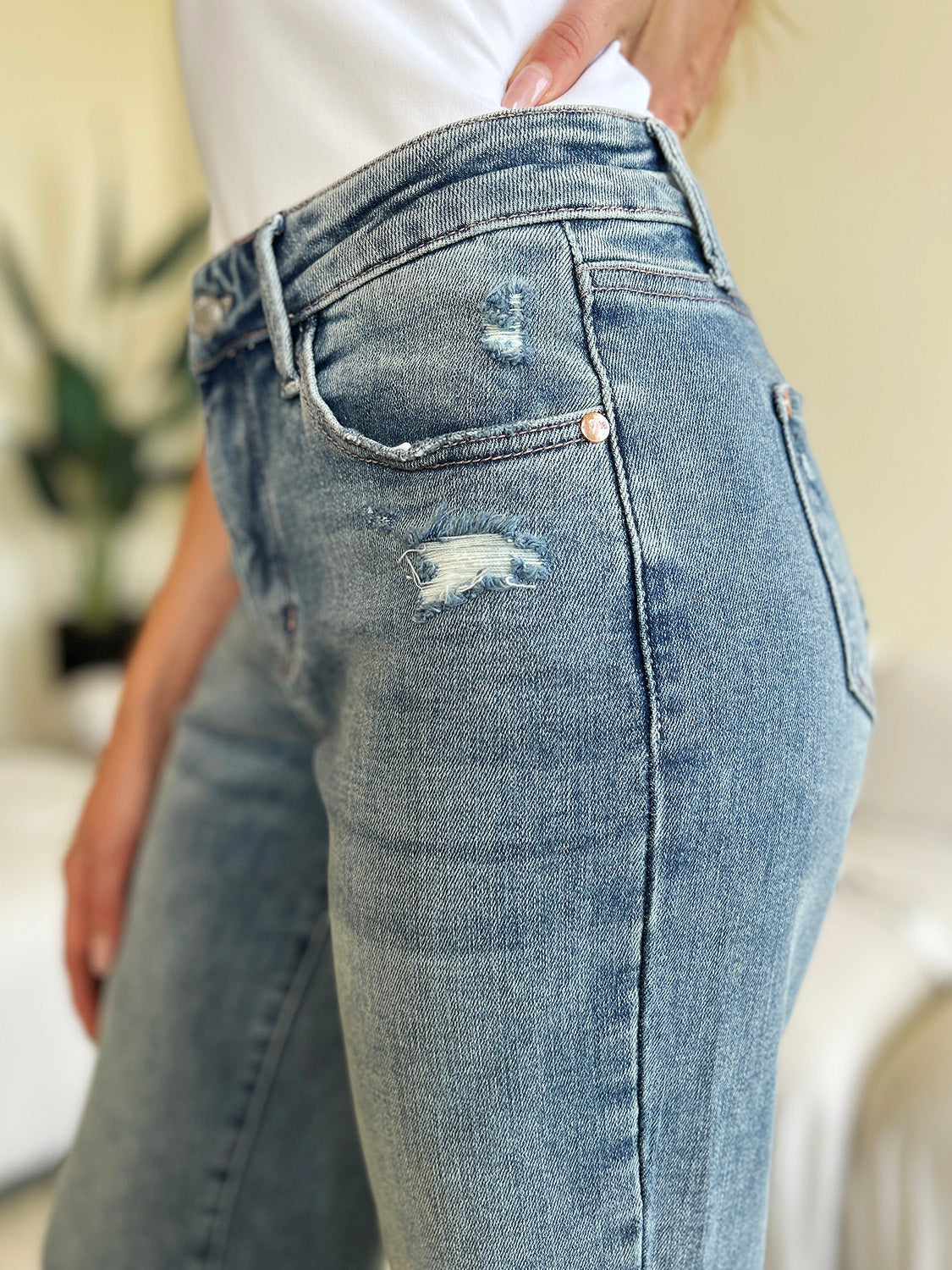 Judy Blue Mid-Rise Distressed Straight Jeans - Whispering Desires Shoppe