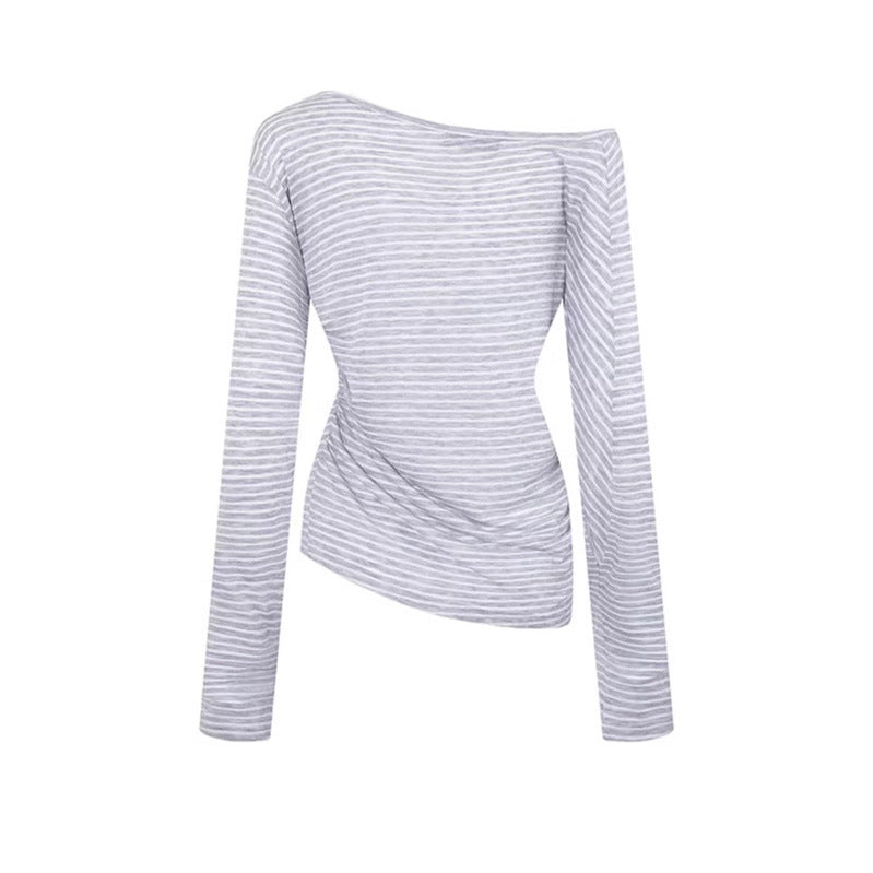 Stripe Graffiti Off-Shoulder Long Sleeve T-Shirt Women's Casual Edgy Style Top