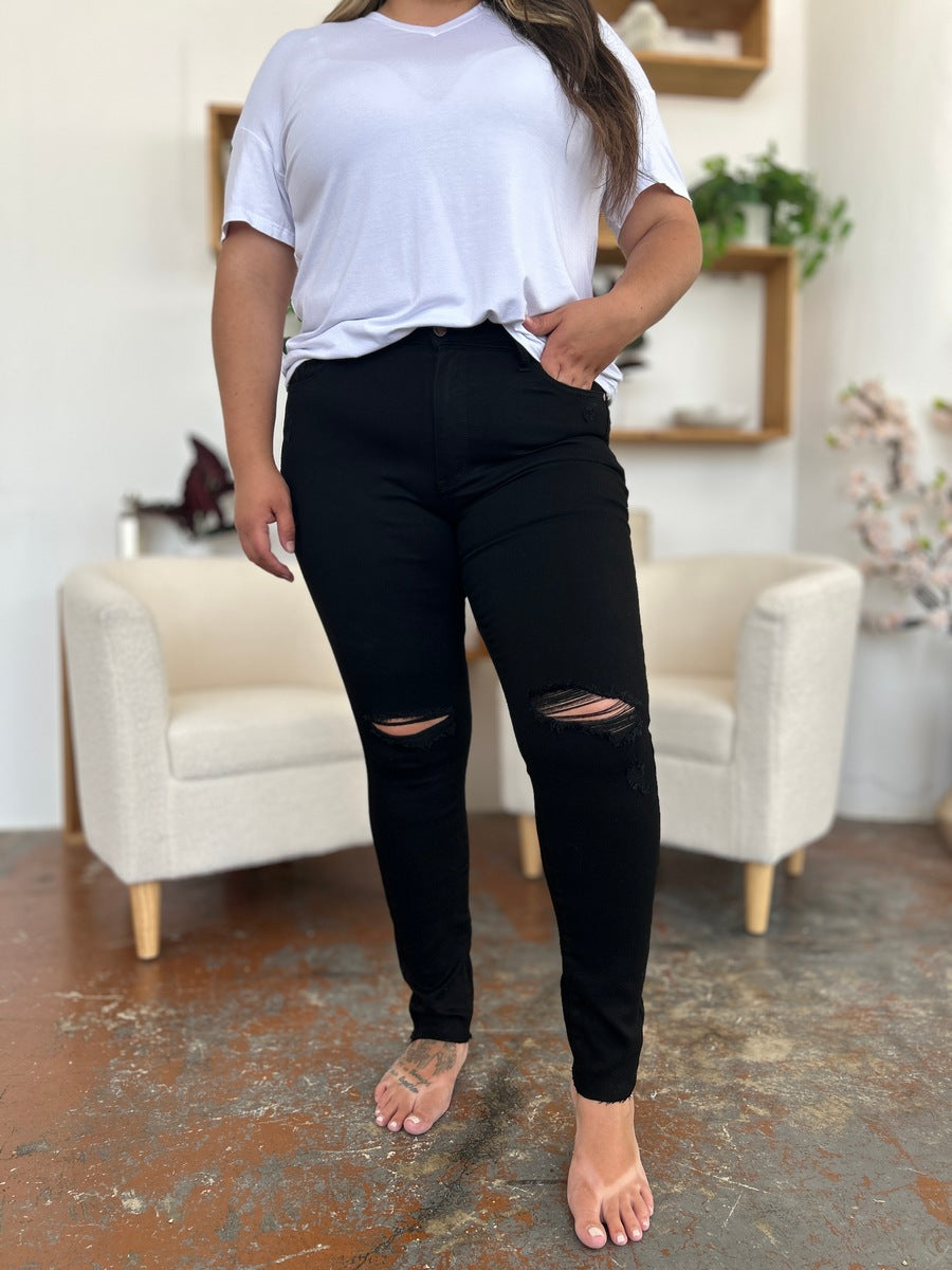 Judy Blue Full Size Distressed Tummy Control High Waist Skinny Jeans - Whispering Desires Shoppe