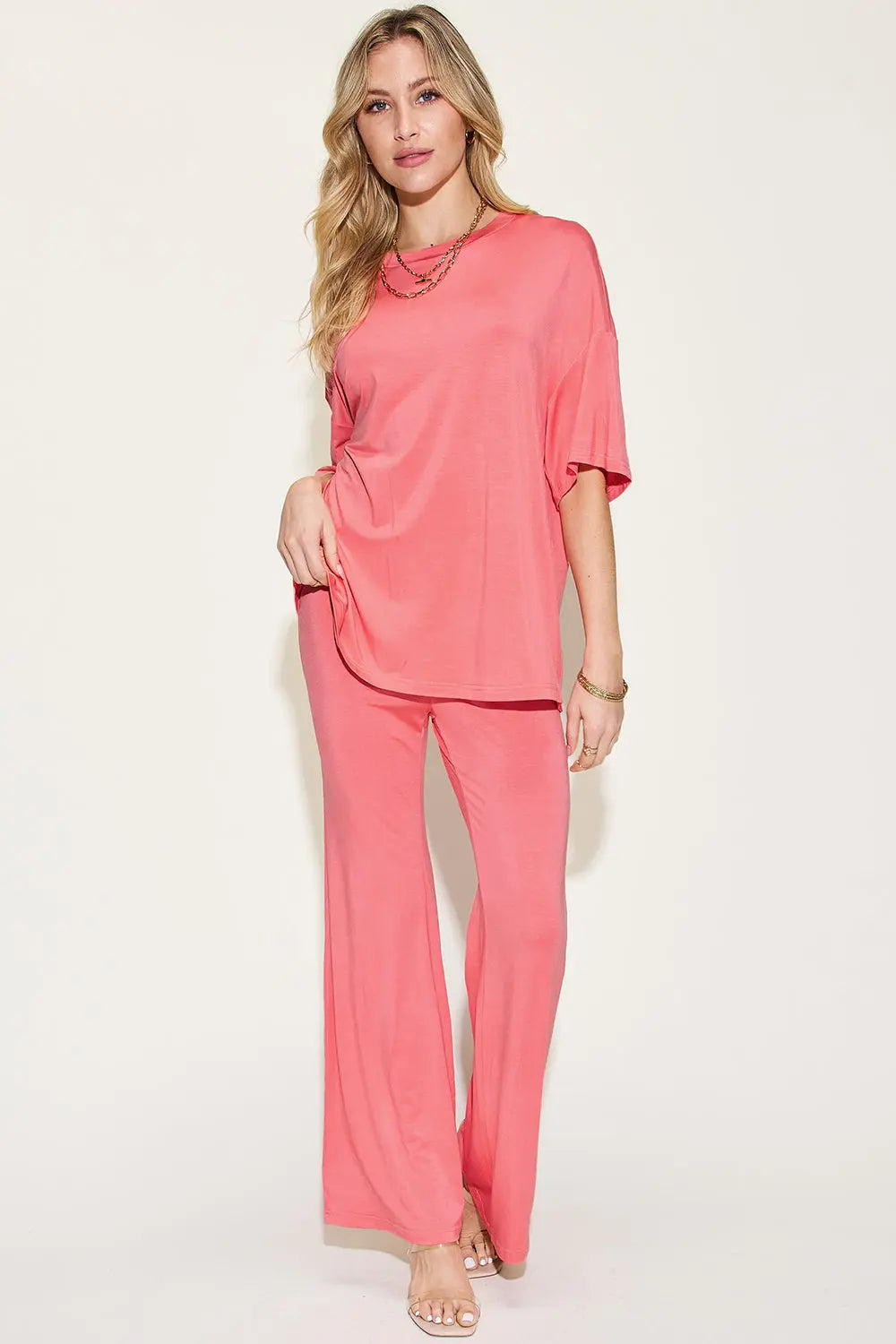 Basic Bae Full Size Bamboo Drop Shoulder T-Shirt and Flare Pants Set - Whispering Desires Shoppe