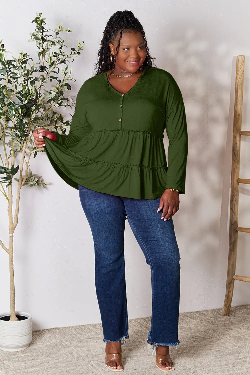Double Take Ruffle-Hem Button Blouse - Whispering Desires Shoppe