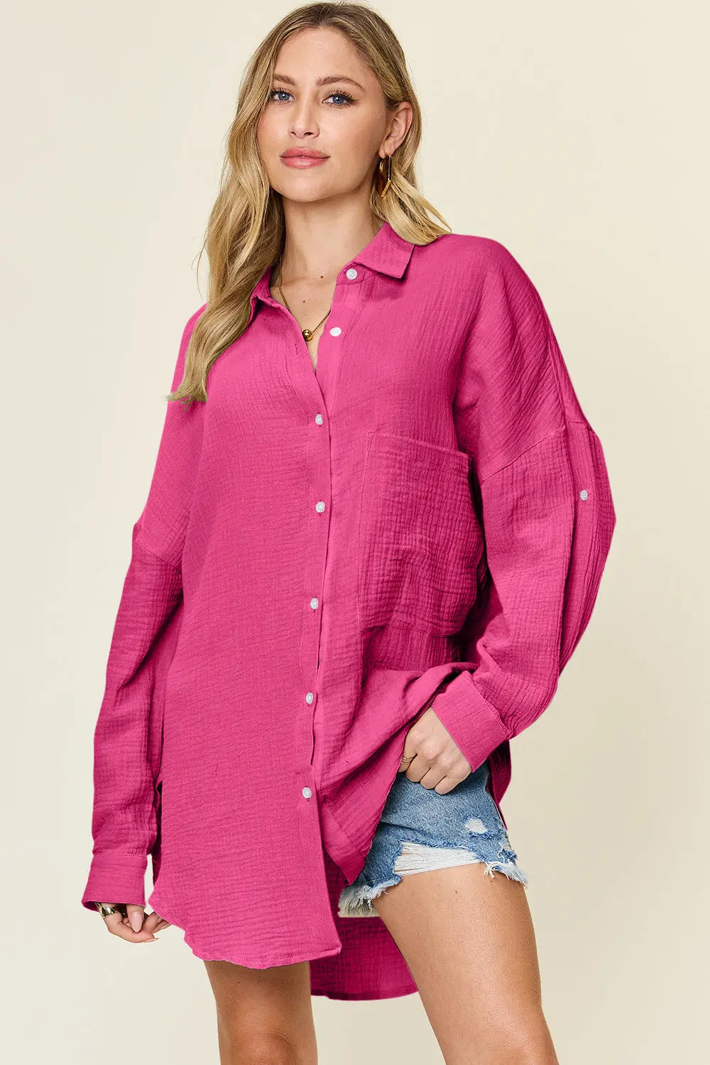 Double Take Textured Cotton Button-Up Shirt - Whispering Desires Shoppe