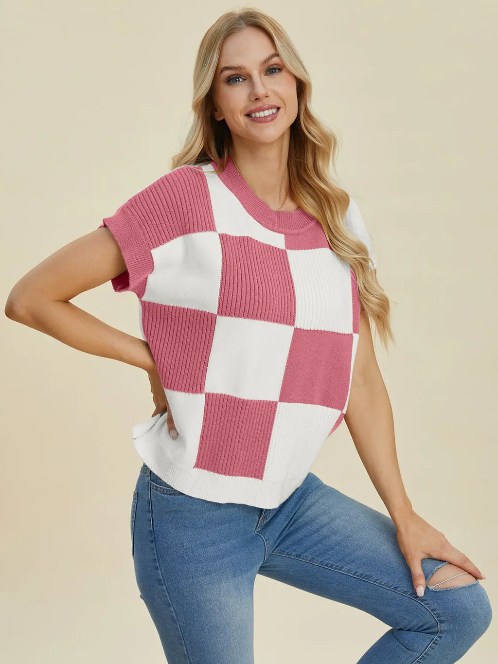 Double Take Checkered Round-Neck Short-Sleeve Sweater - Whispering Desires Shoppe