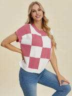 Double Take Checkered Round-Neck Short-Sleeve Sweater - Whispering Desires Shoppe
