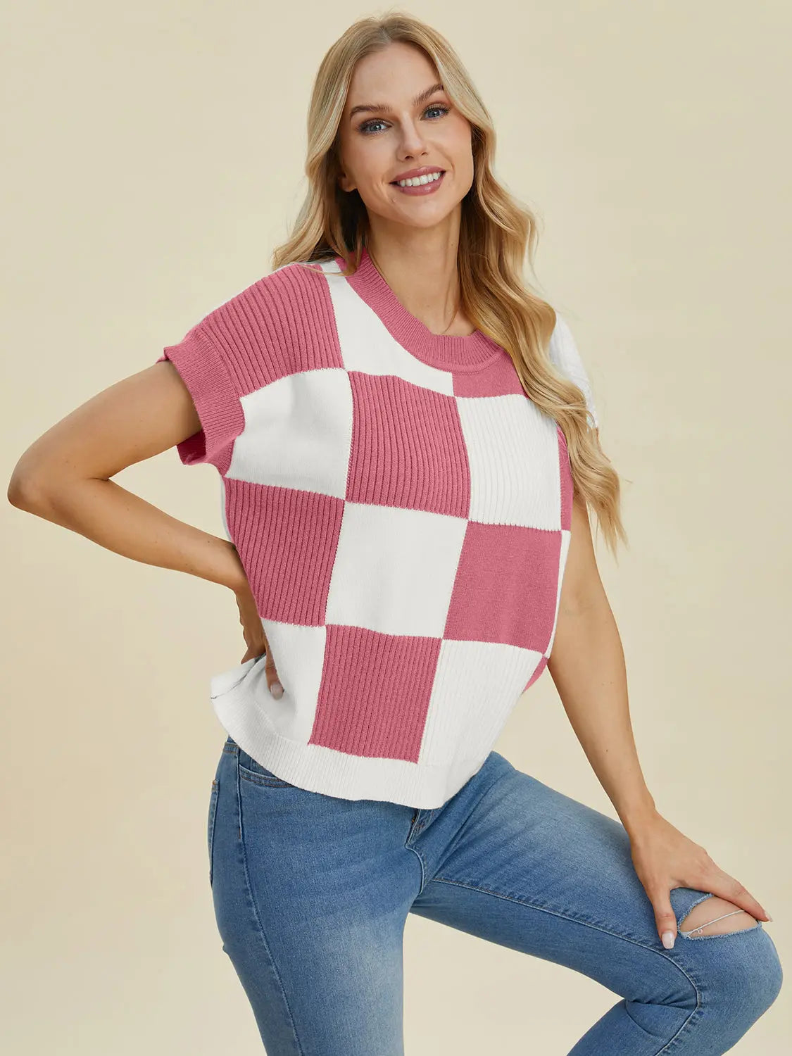Double Take Checkered Round-Neck Short-Sleeve Sweater - Whispering Desires Shoppe