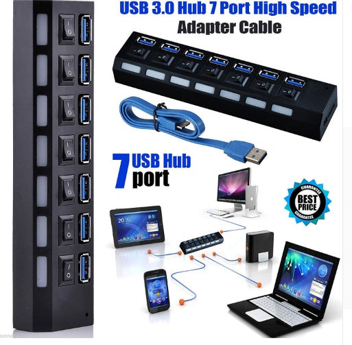 7PORT USB3.0 EXTERNAL HUB HIGH SPEED WITH POWER ADAPTER - Whispering Desires Shoppe