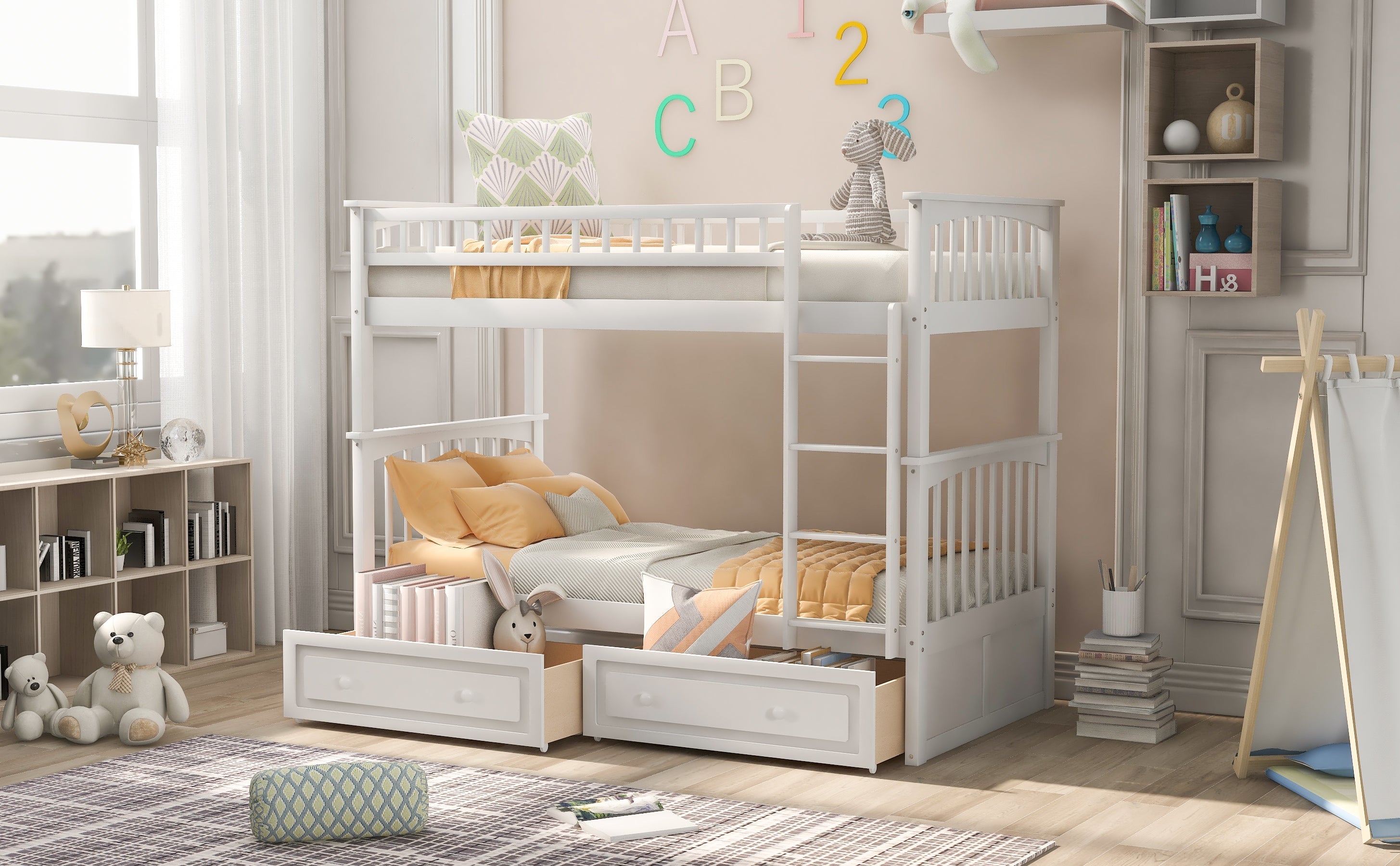 Twin over Twin Bunk Bed with Drawers  Convertible Beds  White eprolo