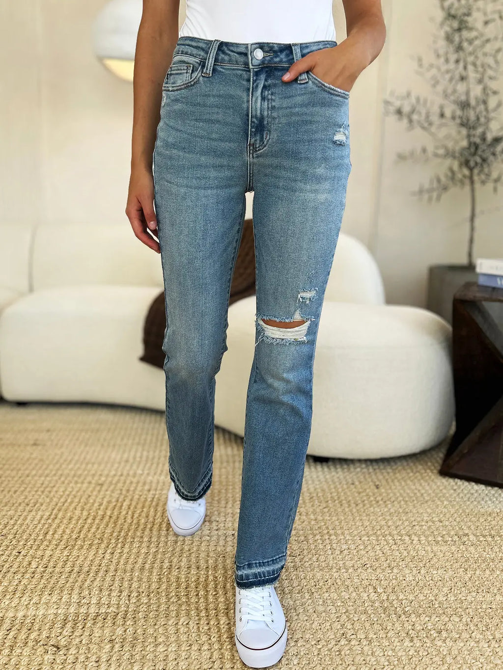 Judy Blue Mid-Rise Distressed Hem Jeans — Full Size - Whispering Desires Shoppe