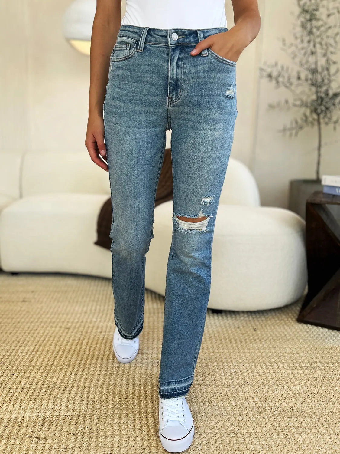 Judy Blue Mid-Rise Distressed Hem Jeans — Full Size - Whispering Desires Shoppe