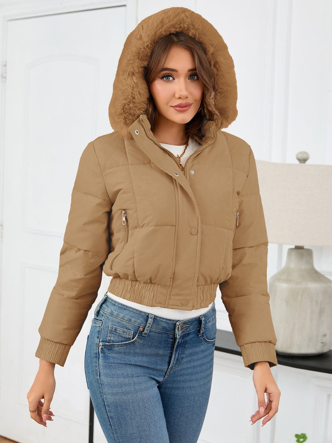 Pocketed Long Sleeve Cropped Hooded Winter Coat - Whispering Desires Shoppe