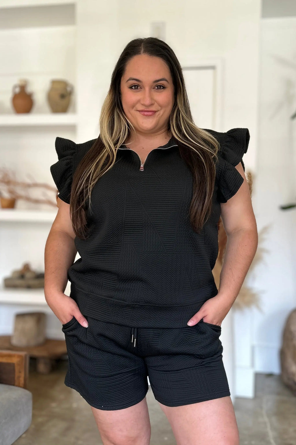 Double Take Flounce Sleeve Top & Drawstring Shorts - Whispering Desires Shoppe