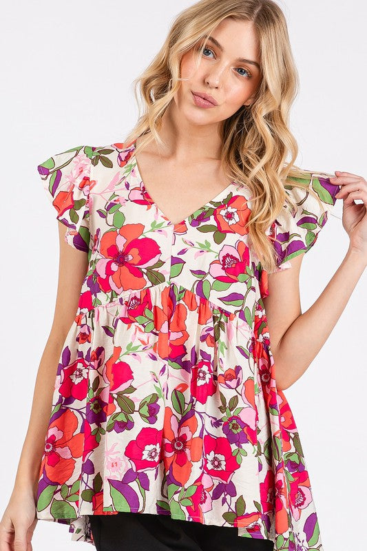 Mittoshop Floral V-Neck Ruffled Cap Sleeve Blouse - Whispering Desires Shoppe