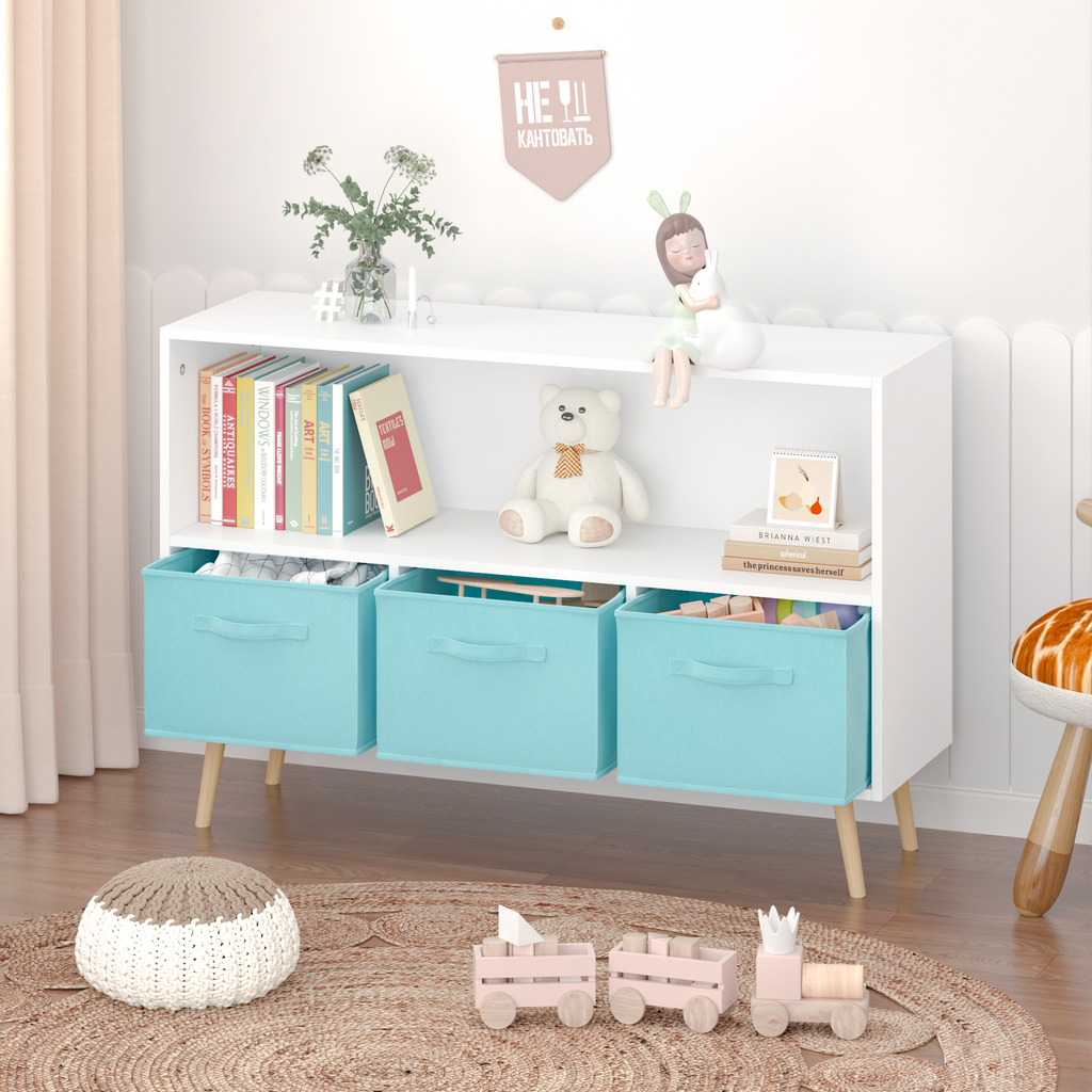 Kids bookcase with Collapsible Fabric Drawers Children's Book Display Toy Storage Cabinet Organizer White/Blue eprolo