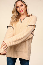 Haptics Contrast Stitching Long Sleeve Hooded Sweater - Whispering Desires Shoppe