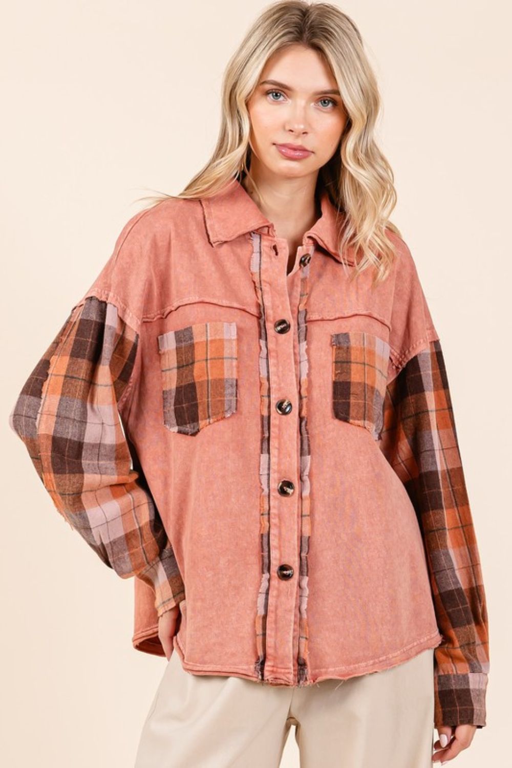 Mittoshop Button Down Contrast Plaid Patchwork Shacket - Whispering Desires Shoppe