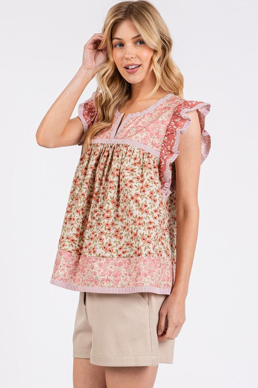 Mittoshop Floral Notched Ruffled Cap Sleeve Blouse - Whispering Desires Shoppe