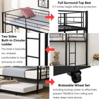 Twin bunk bed frame with trailer, metal bunk bed with sturdy guardrail and side ladder, can be divided into two beds, black eprolo