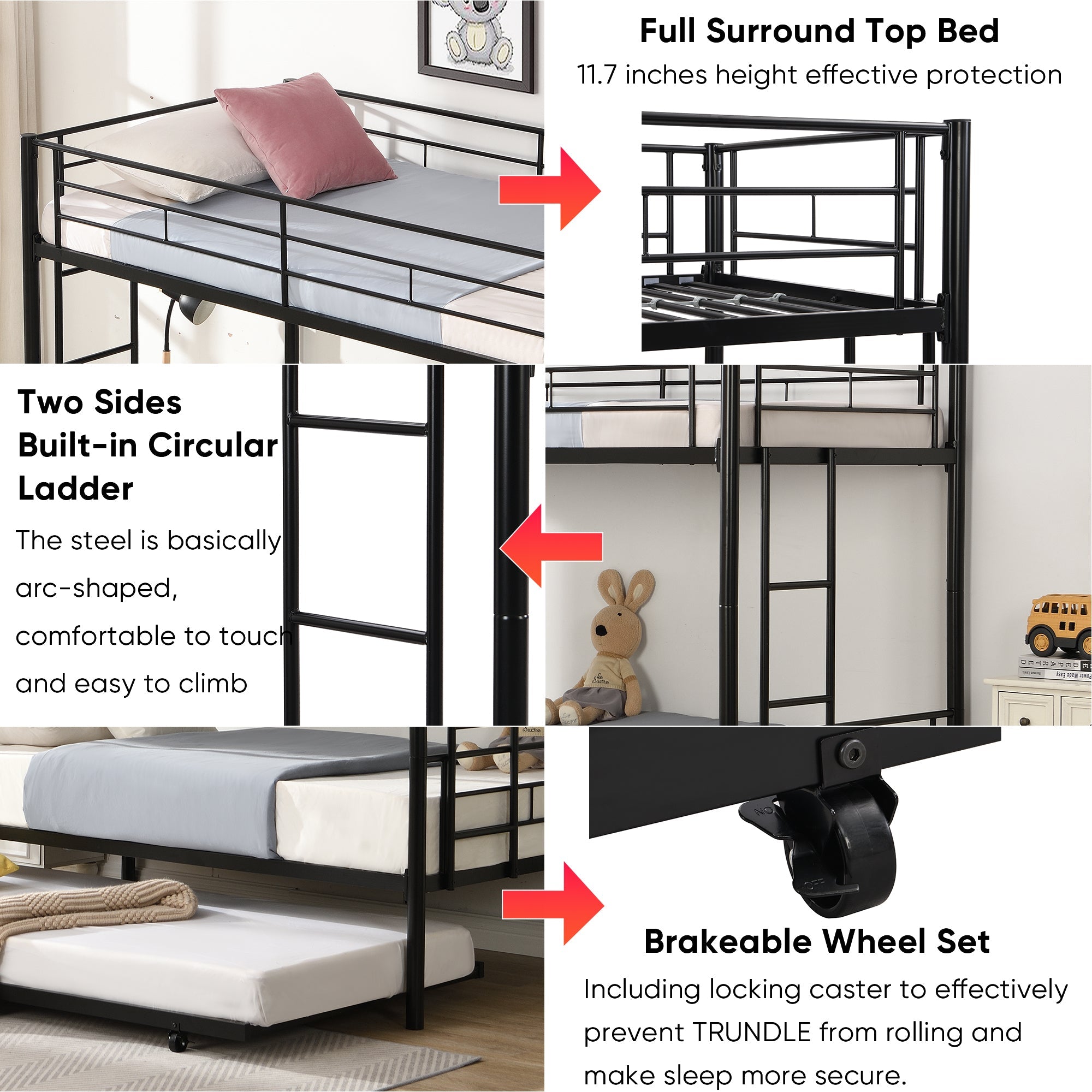 Twin bunk bed frame with trailer, metal bunk bed with sturdy guardrail and side ladder, can be divided into two beds, black eprolo