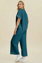 Double Take Full Size Pearl Detail Round Neck Top and Pants Set - Whispering Desires Shoppe