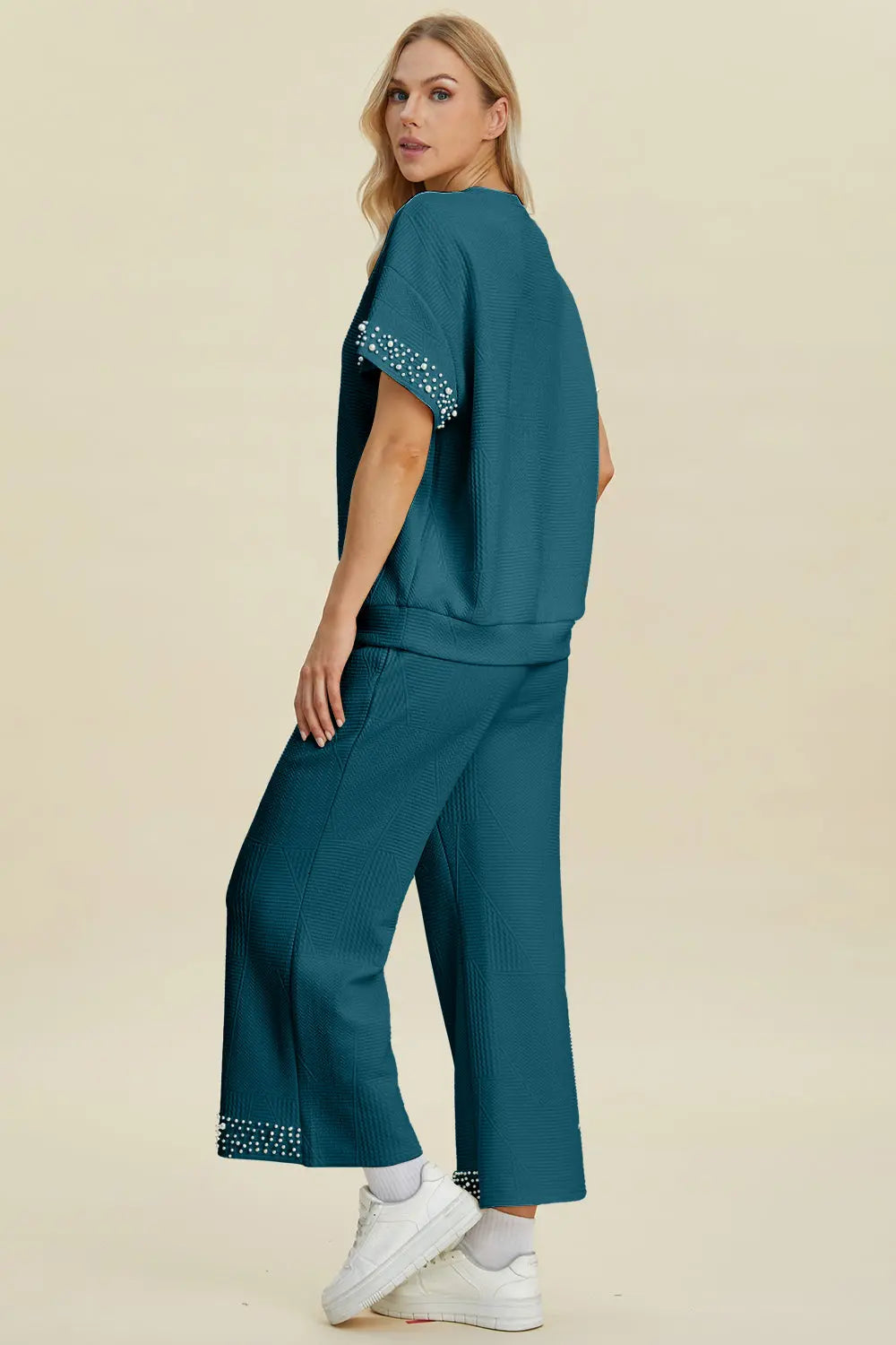 Double Take Full Size Pearl Detail Round Neck Top and Pants Set - Whispering Desires Shoppe