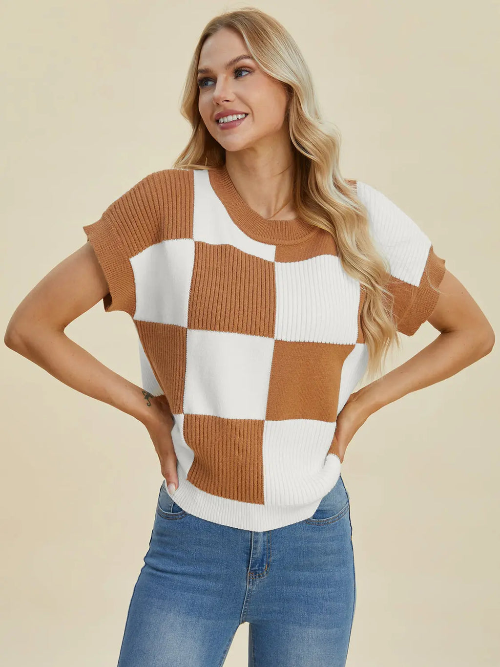Double Take Checkered Round-Neck Short-Sleeve Sweater - Whispering Desires Shoppe