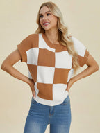 Double Take Checkered Round-Neck Short-Sleeve Sweater - Whispering Desires Shoppe