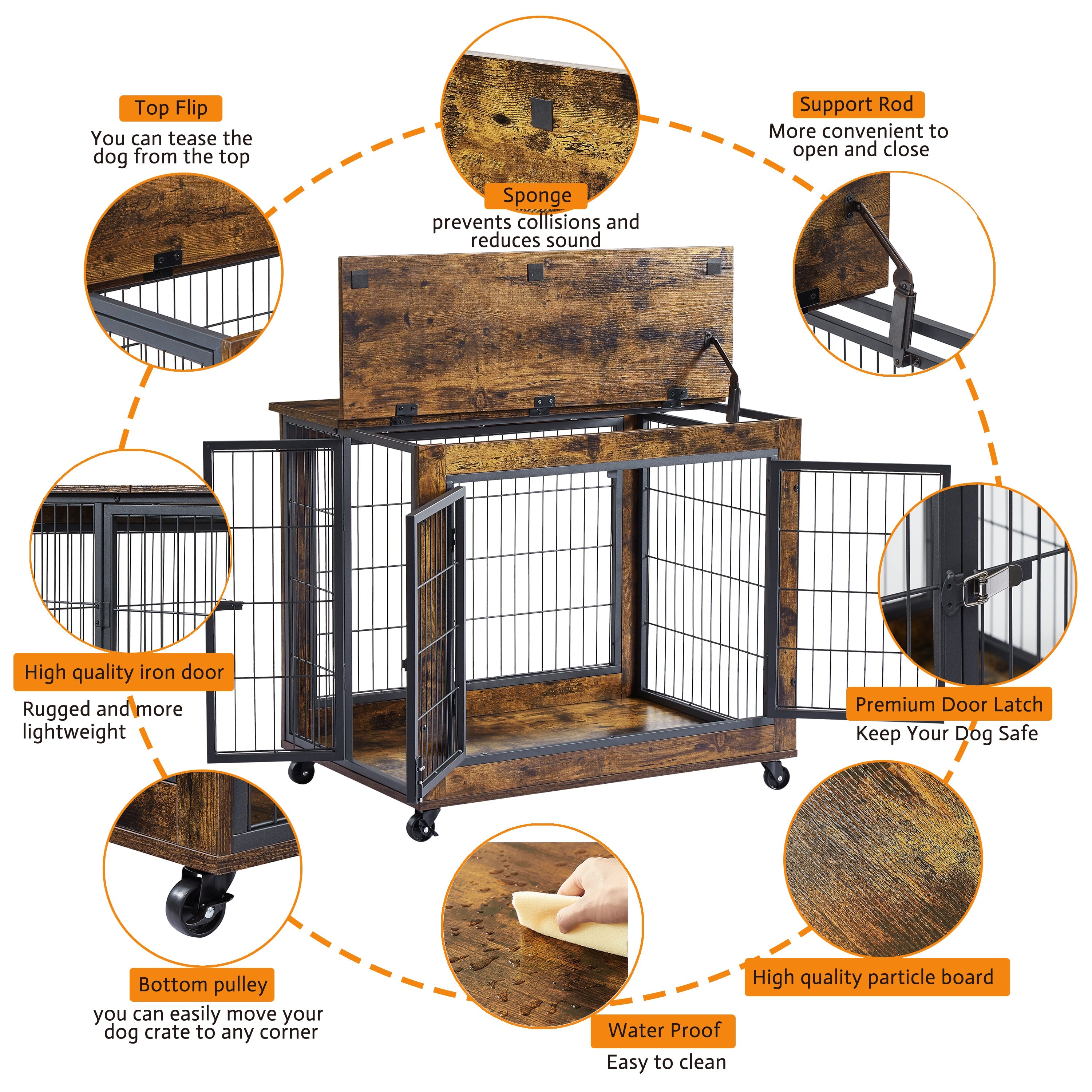 Furniture Style Dog Crate Side Table on Wheels with Double Doors and Lift Top. Rustic Brown, 31.50'' W x 22.05'' D x 25'' H. eprolo