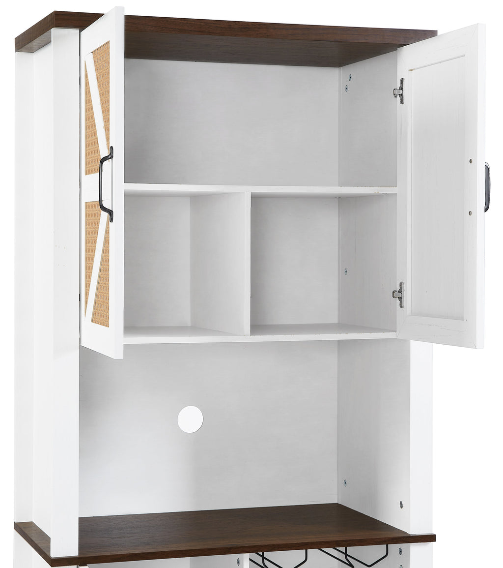 76 Inch Tall Farmhouse Kitchen Faux Rattan Wine Cabinet, Kitchen Bar Cabinet with Square Compartments and Shelves eprolo