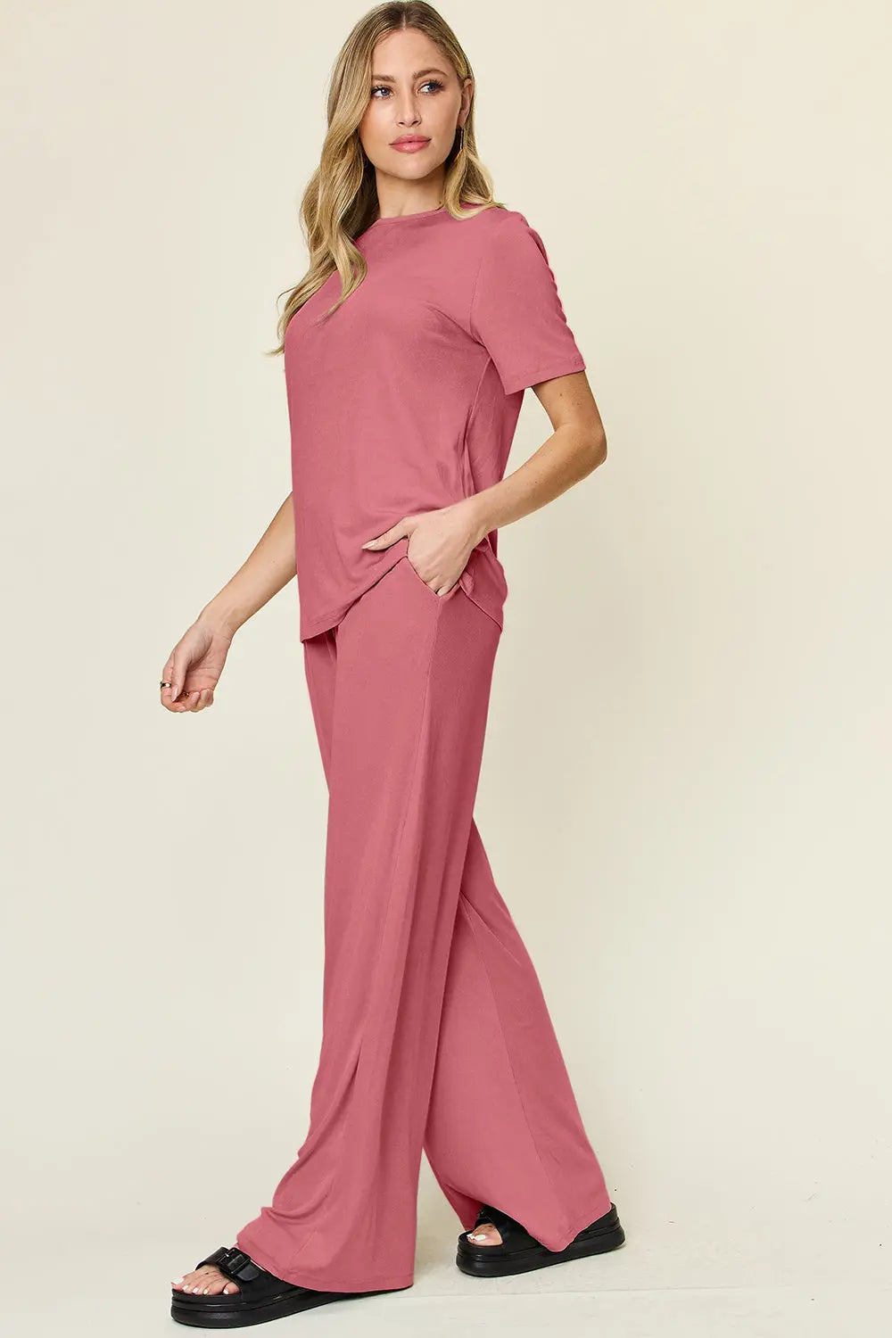 Double Take Short-Sleeve & Wide-Leg Two-Piece Set - Whispering Desires Shoppe