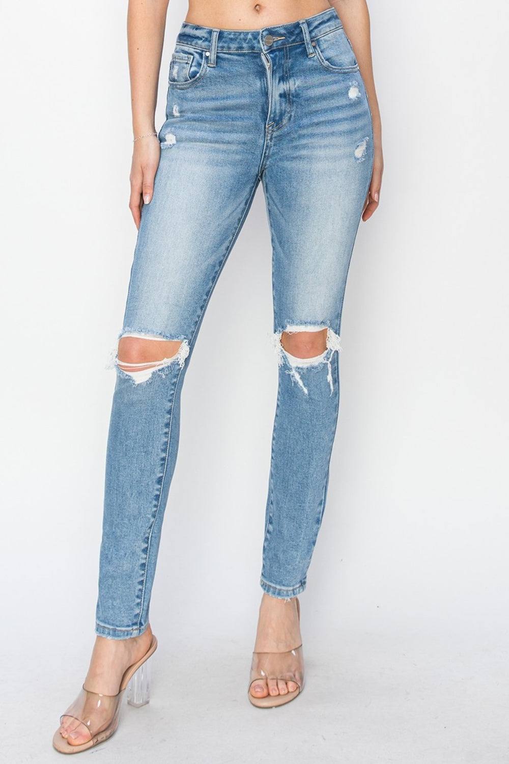 RISEN High-Rise Knee Distressed Skinny Jeans - Whispering Desires Shoppe